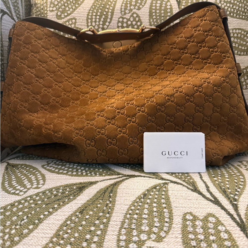 Designer Style Embossed Logo Suede Shoulder Bag in Cognac